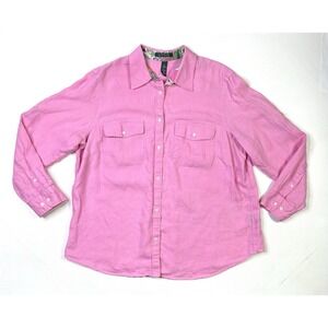 Lauren Ralph Lauren Shirt Women's 1X Linen Button Up Pink Paisley Trim Collar